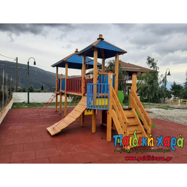 Ξύλινο πολυσύνθετο 2 επιπέδων με γέφυρα, 2 τσουλήθρες, σκεπές, αναρριχήσεις και σκάλα